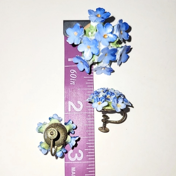 DENTON ENGLAND BLUE FORGET-ME-NOT CHINA BROOCH & EARRINGS SET - Picture 9 of 10